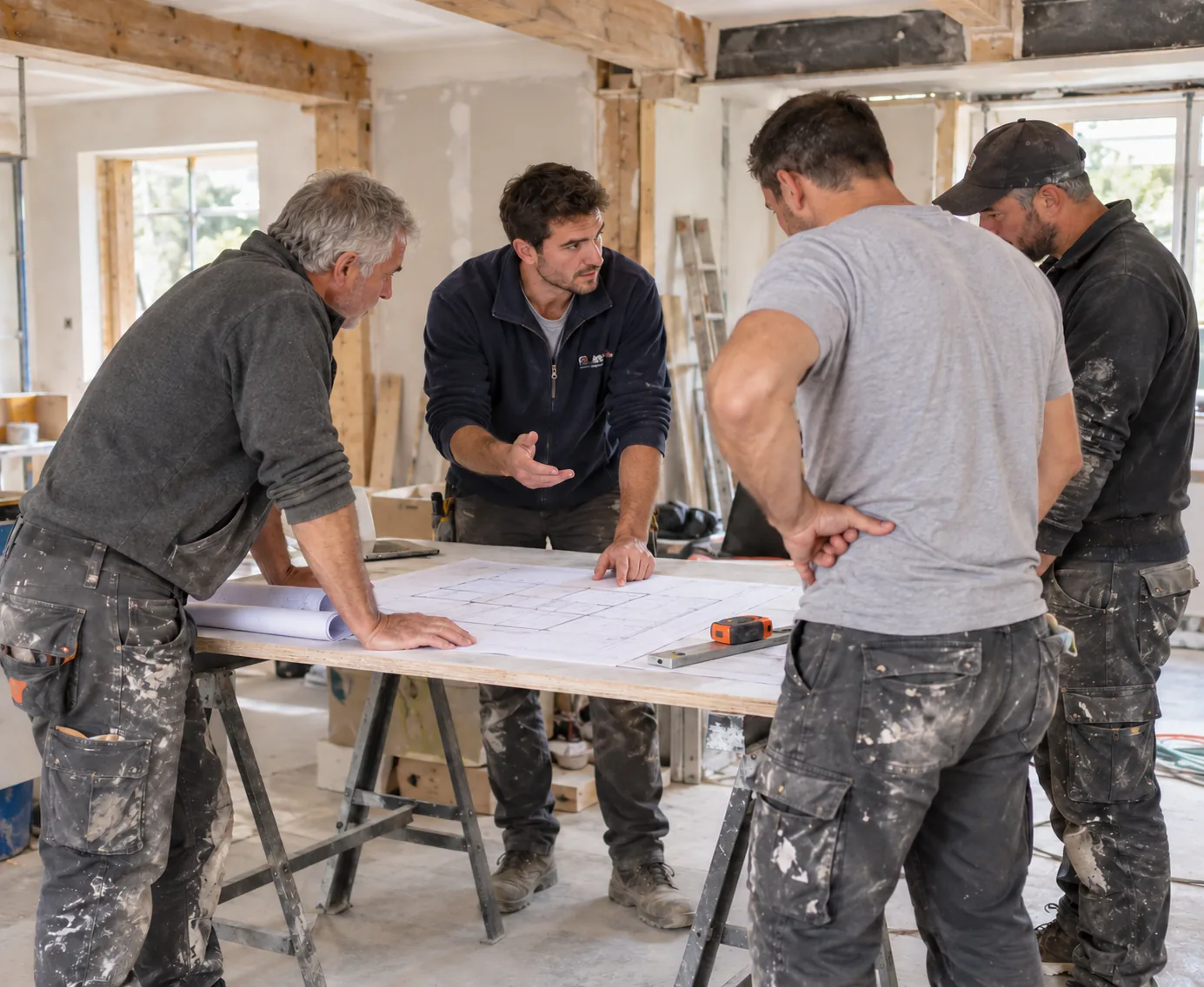 Illustration : réunion de chantier, quatre hommes réunis autour d'une table et d'un plan, dans un intérieur en rénovation