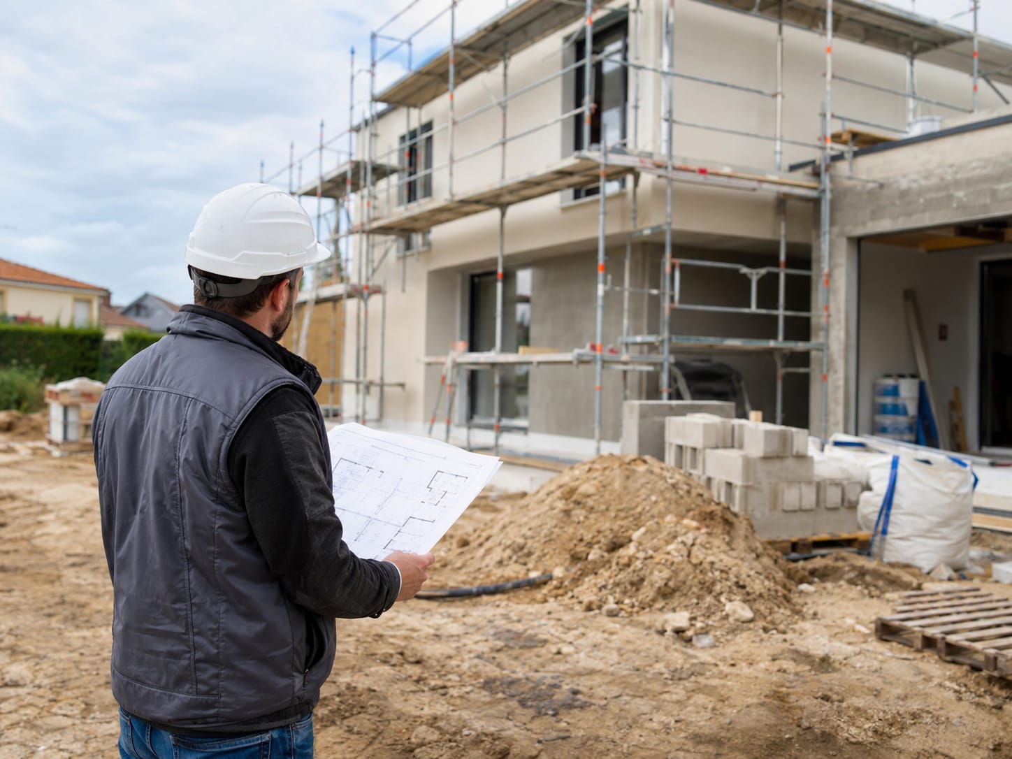 Vérification des plans face à une maison en cours de construction, échafaudage en place