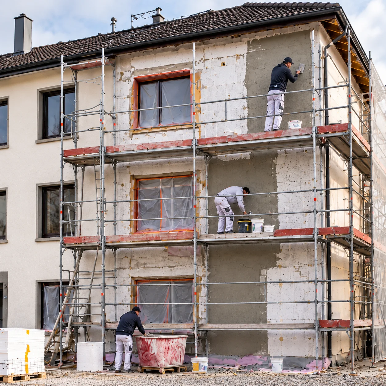 Illustration : façade d'un immeuble résidentiel en rénovation, avec échafaudage et ouvriers au travail