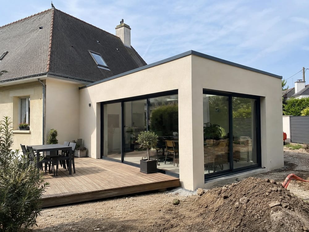 Extension contemporaine à toit plat avec baies coulissantes et terrasse bois