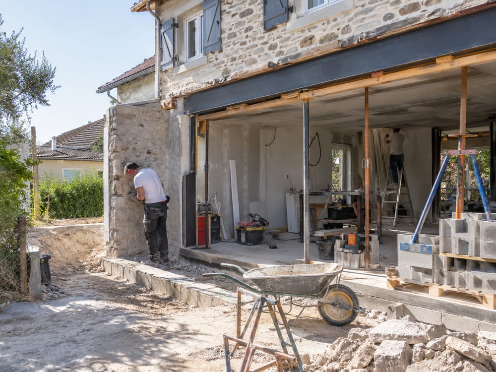 Chantier de rénovation d'une maison en pierre, ouverture de façade étayée