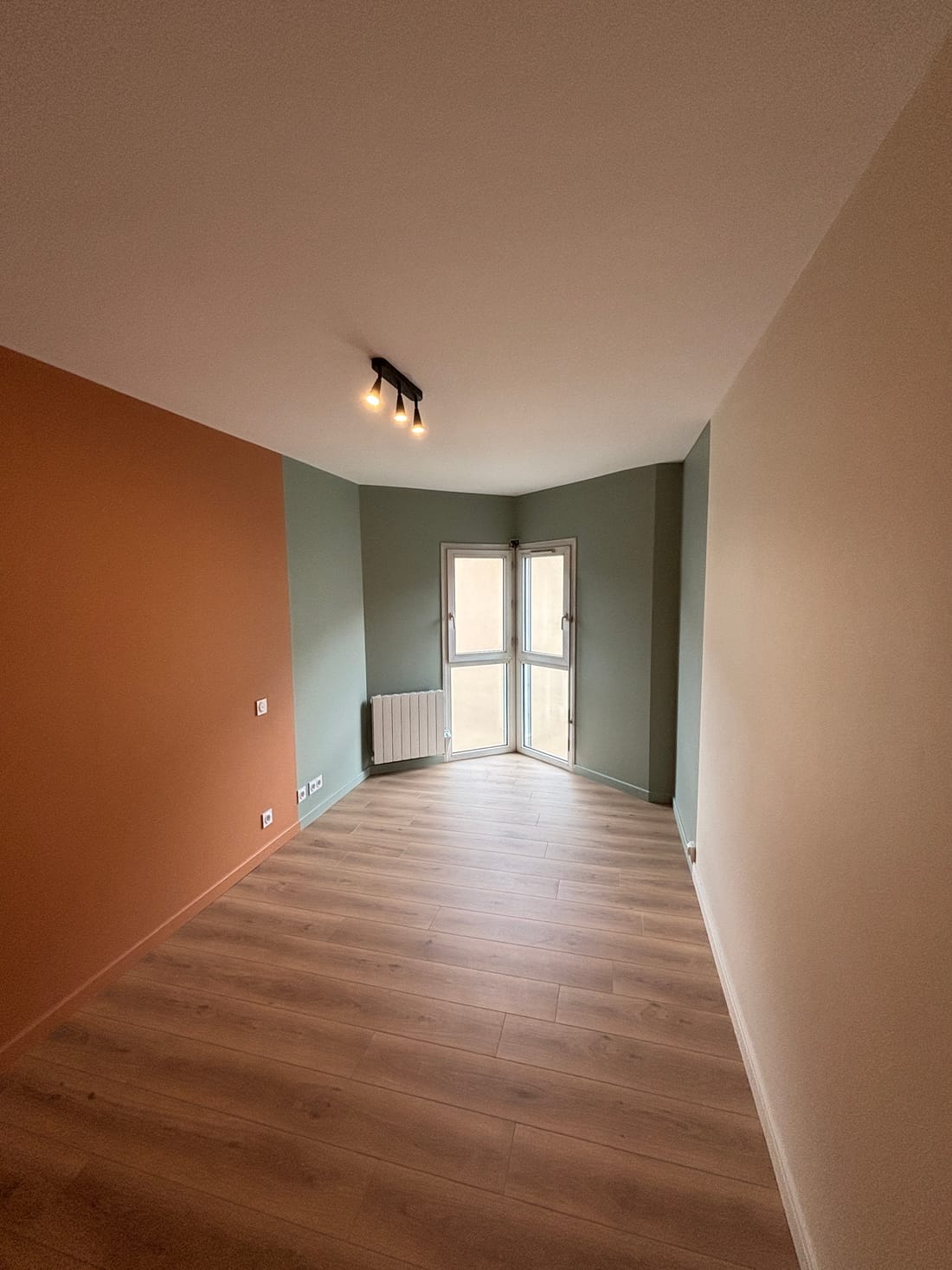 Pièce du projet Le Nautile aux murs vert sauge et terracotta, porte-fenêtre d'angle et sol aspect bois